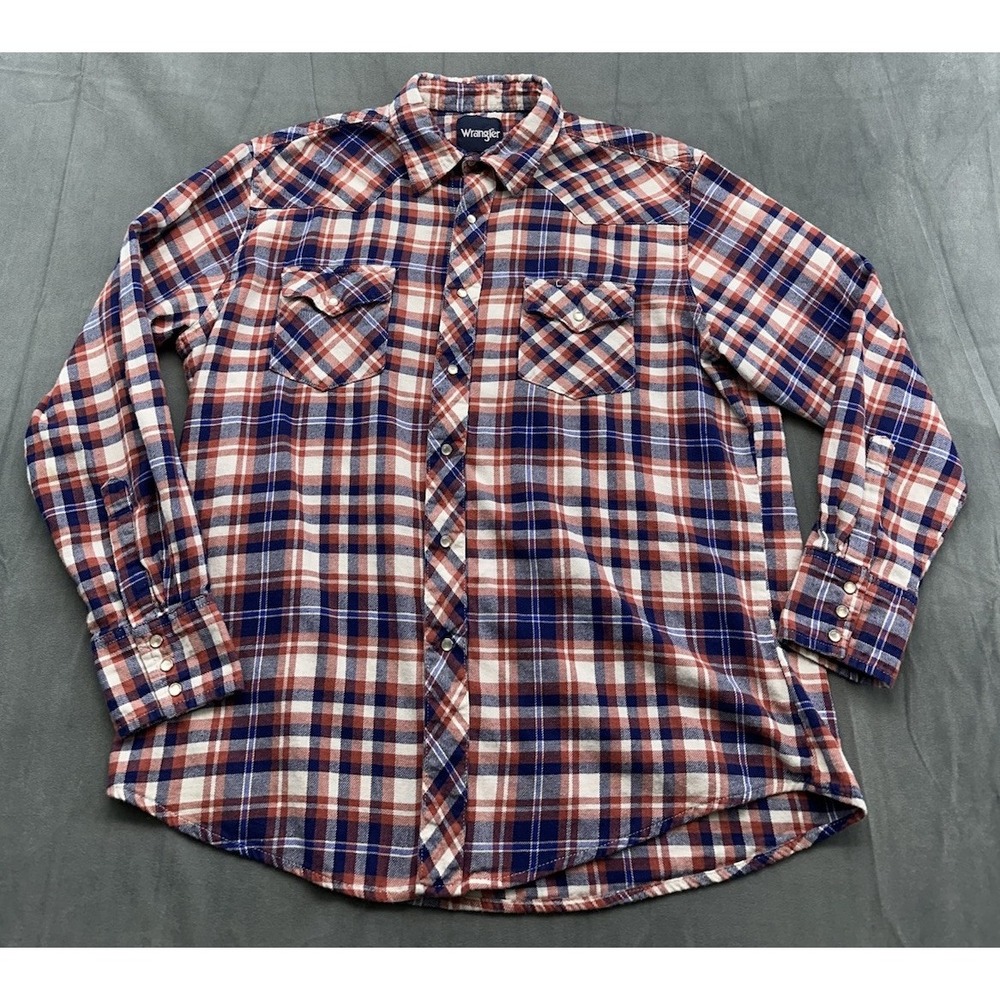 Wrangler Plaid Flannel Pearl Snap Men's XL Cotton Long Sleeve Soft Cotton Orange